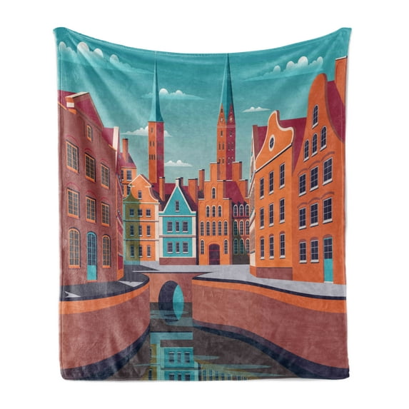 Amsterdam Soft Flannel Fleece Throw Blanket, Small Town of Vintage Houses, Cozy Plush for Indoor and Outdoor Use, 50" x 70", Burnt Sienna Turquoise, by Ambesonne