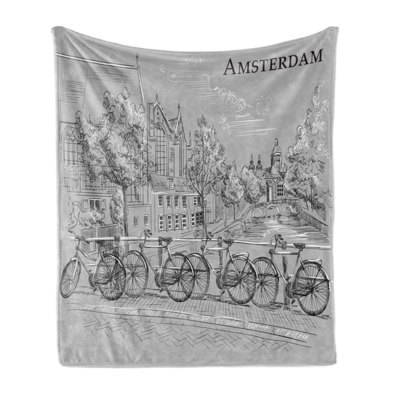 Amsterdam Soft Flannel Fleece Throw Blanket, Vintage Style Bicycles Arranged on a Bridge over the Canals, Cozy Plush for Indoor and Outdoor Use, 60" x 80", Pale Taupe Dark Grey, by Ambesonne