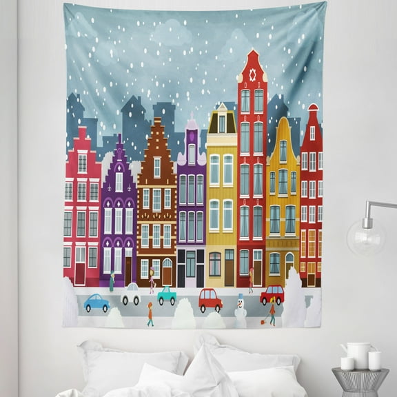 Amsterdam Tapestry, Dutch Town in the Winter Historical Apartments Snowy Christmas Eve Noel Theme, Fabric Wall Hanging Decor for Bedroom Living Room Dorm, 5 Sizes, Multicolor, by Ambesonne