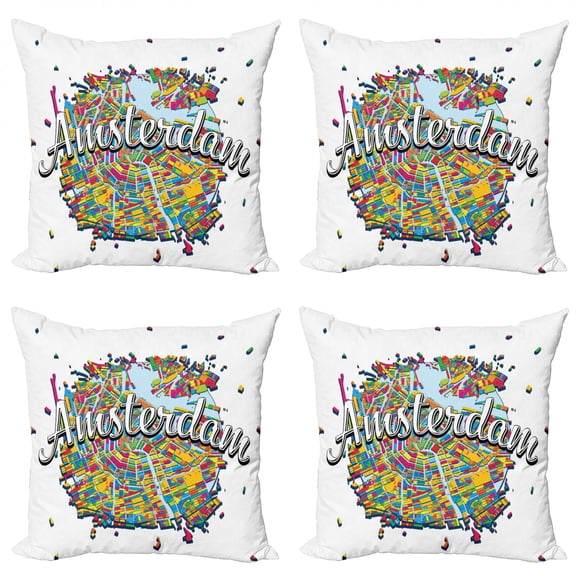 Amsterdam Throw Pillow Cushion Case Pack of 4, Calligraphic Illustration of Vibrant Digital Netherlands Mapping Vivid, Modern Accent Double-Sided Print, 4 Sizes, Multicolor, by Ambesonne