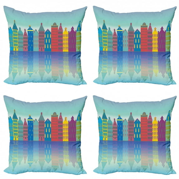 Amsterdam Throw Pillow Cushion Case Pack of 4, Colorful Cityscape Elements Futuristic Urban Scenes Architecture, Modern Accent Double-Sided Print, 4 Sizes, Azure Blue Multicolor, by Ambesonne