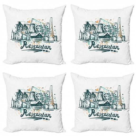 Amsterdam Throw Pillow Cushion Case Pack of 4, Funky Calligraphy with a City Silhouette in Paintbrush Strokes, Modern Accent Double-Sided Print, 4 Sizes, Dark Teal Seafoam, by Ambesonne