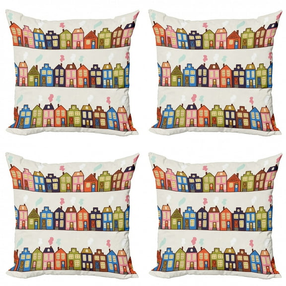 Ambesonne Amsterdam Throw Pillow Cover 4 Pack, Funky Houses on Streets, 20", Pale Eggshell Multicolor