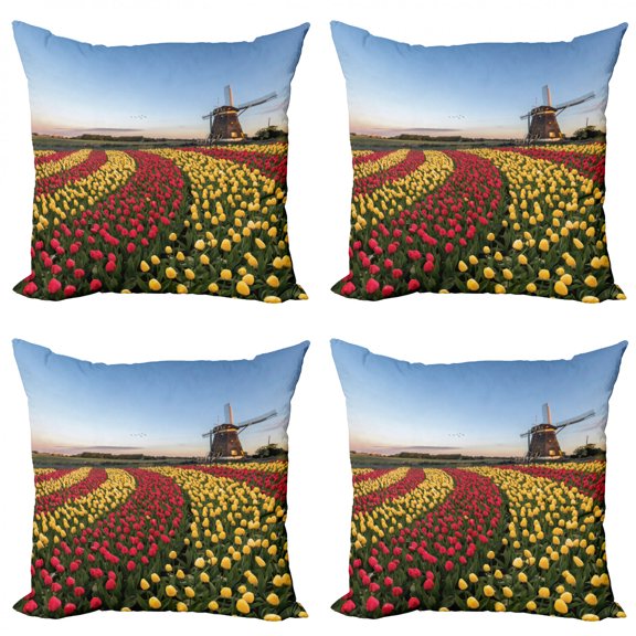 Ambesonne Amsterdam Throw Pillow Cover 4 Pack, Spring Time Tulips Scene, 18", Multicolor