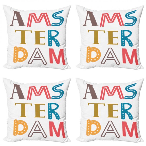 Ambesonne Amsterdam Throw Pillow Cover 4 Pack, Funky Colorful Lettering, 18", White and Multicolor