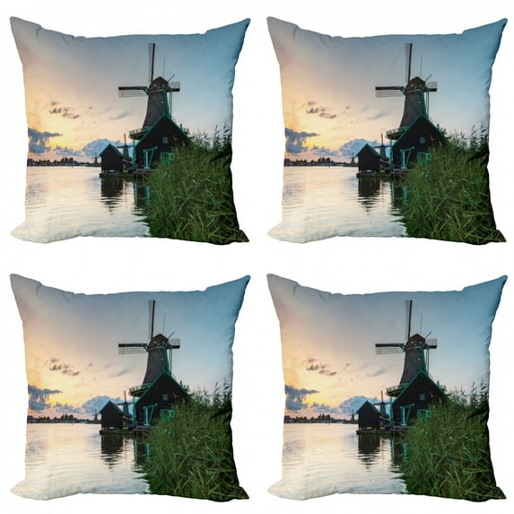 Amsterdam Throw Pillow Cushion Case Pack of 4, Real Life Photo of Windmills near the Water at Sunset Zaanse Schans Setting, Modern Accent Double-Sided Print, 4 Sizes, Multicolor, by Ambesonne