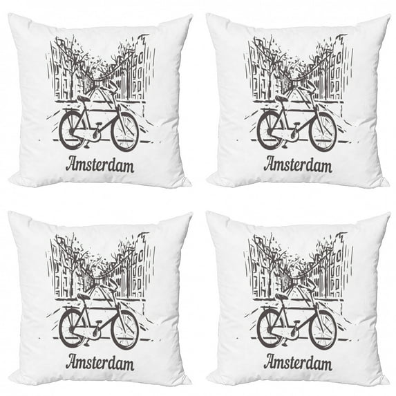 Ambesonne Amsterdam Throw Pillow Cover 4 Pack, Bicycle Street Houses, 20", Dark Grey White