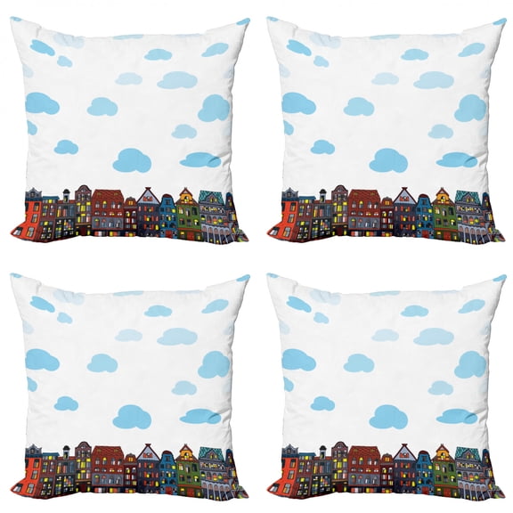 Amsterdam Throw Pillow Cushion Case Pack of 4, Urban Buildings with Fluffy Clouds in the Sky Residential Streets Spots, Modern Accent Double-Sided Print, 4 Sizes, White and Multicolor, by Ambesonne