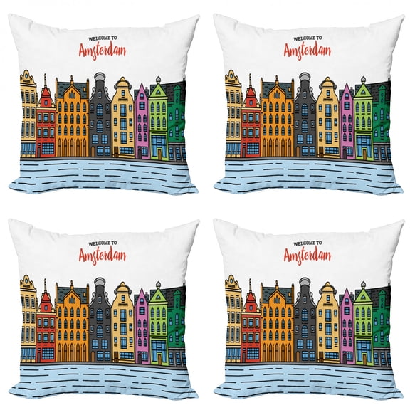 Amsterdam Throw Pillow Cushion Case Pack of 4, Welcoming Pattern with Graphic Building Interpretations Neighborhood Street, Modern Accent Double-Sided Print, 4 Sizes, Multicolor, by Ambesonne