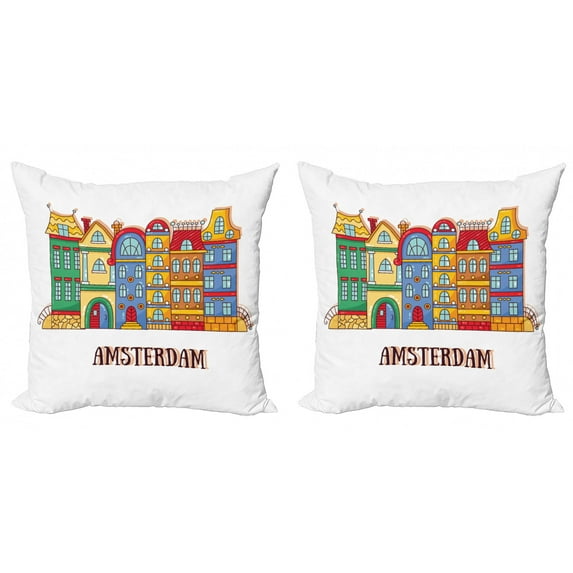 Amsterdam Throw Pillow Cushion Cover Pack of 2, Colorful Calligraphic Design with Street Houses European Culture, Zippered Double-Side Digital Print, 4 Sizes, Earth Yellow Multicolor, by Ambesonne