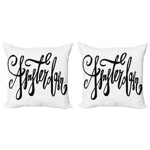 Amsterdam Throw Pillow Cushion Cover Pack of 2, Cursive and Modern Typography Drawn by Hand on a Plain Background, Zippered Double-Side Digital Print, 4 Sizes, Charcoal Grey and White, by Ambesonne