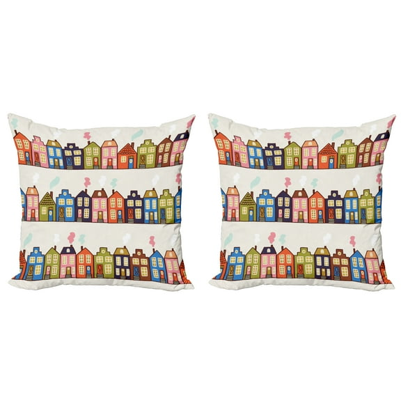 Ambesonne Amsterdam Throw Pillow Cover 2 Pack, Funky Houses on Streets, 20", Pale Eggshell Multicolor