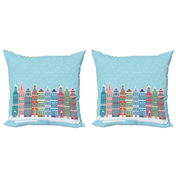 Ambesonne Amsterdam Throw Pillow Cover 2 Pack, Snowy Town in Holland, 18", Pale Blue and Multicolor