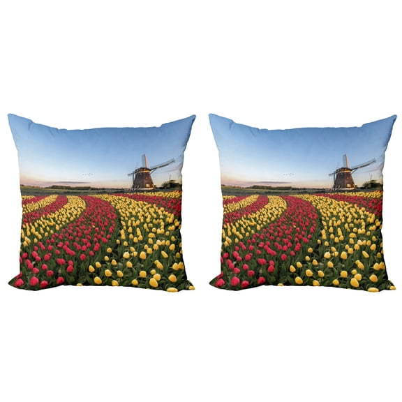 Ambesonne Amsterdam Throw Pillow Cover 2 Pack, Spring Time Tulips Scene, 18", Multicolor