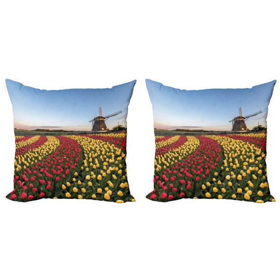 Ambesonne Amsterdam Throw Pillow Cover 2 Pack, Spring Time Tulips Scene, 18", Multicolor