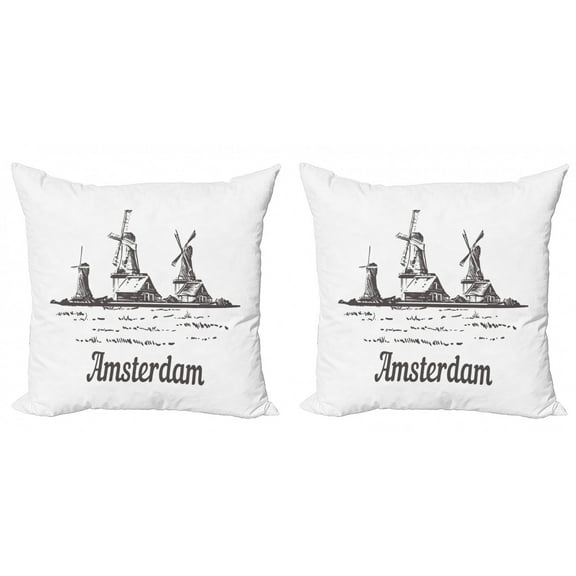 Ambesonne Amsterdam Throw Pillow Cover 2 Pack, Zaanse Schans Windmills, 20", Dark Grey and White