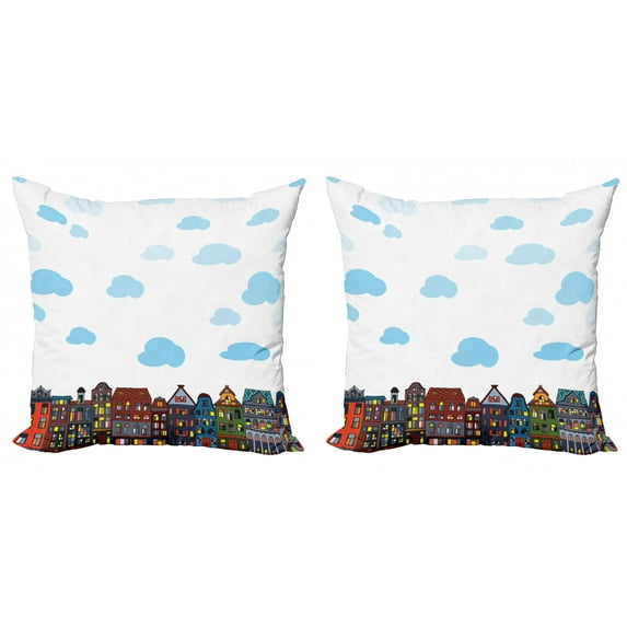 Amsterdam Throw Pillow Cushion Cover Pack of 2, Urban Buildings with Fluffy Clouds in the Sky Residential Streets Spots, Zippered Double-Side Digital Print, 4 Sizes, White and Multicolor, by Ambesonne