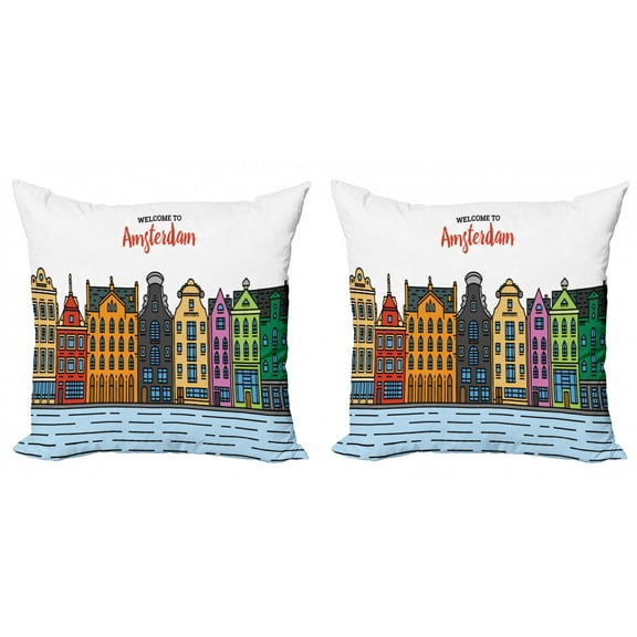 Amsterdam Throw Pillow Cushion Cover Pack of 2, Welcoming Pattern with Graphic Building Interpretations Neighborhood Street, Zippered Double-Side Digital Print, 4 Sizes, Multicolor, by Ambesonne