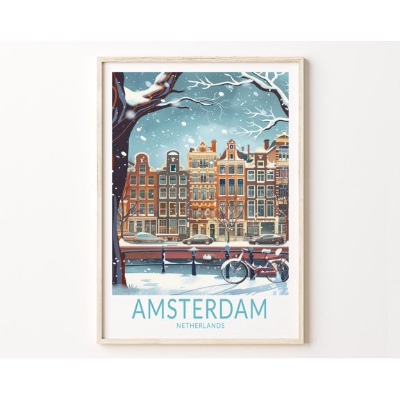 Amsterdam Travel Poster, Amsterdam Netherlands Wall Art, Netherlands City Print, Birthday Gifts, Amsterdam Winter Poster Wall Art, Modern Wall Decor, 8x12 UNFRAMED