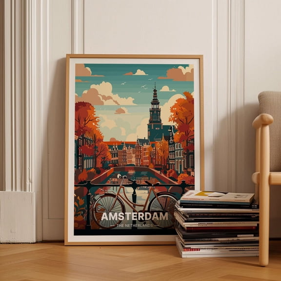 Amsterdam Travel Poster, Cityscape Wall Art, European Destination Decor, Wanderlust Gift Wall Art, Modern Wall Decor, 12x18 UNFRAMED