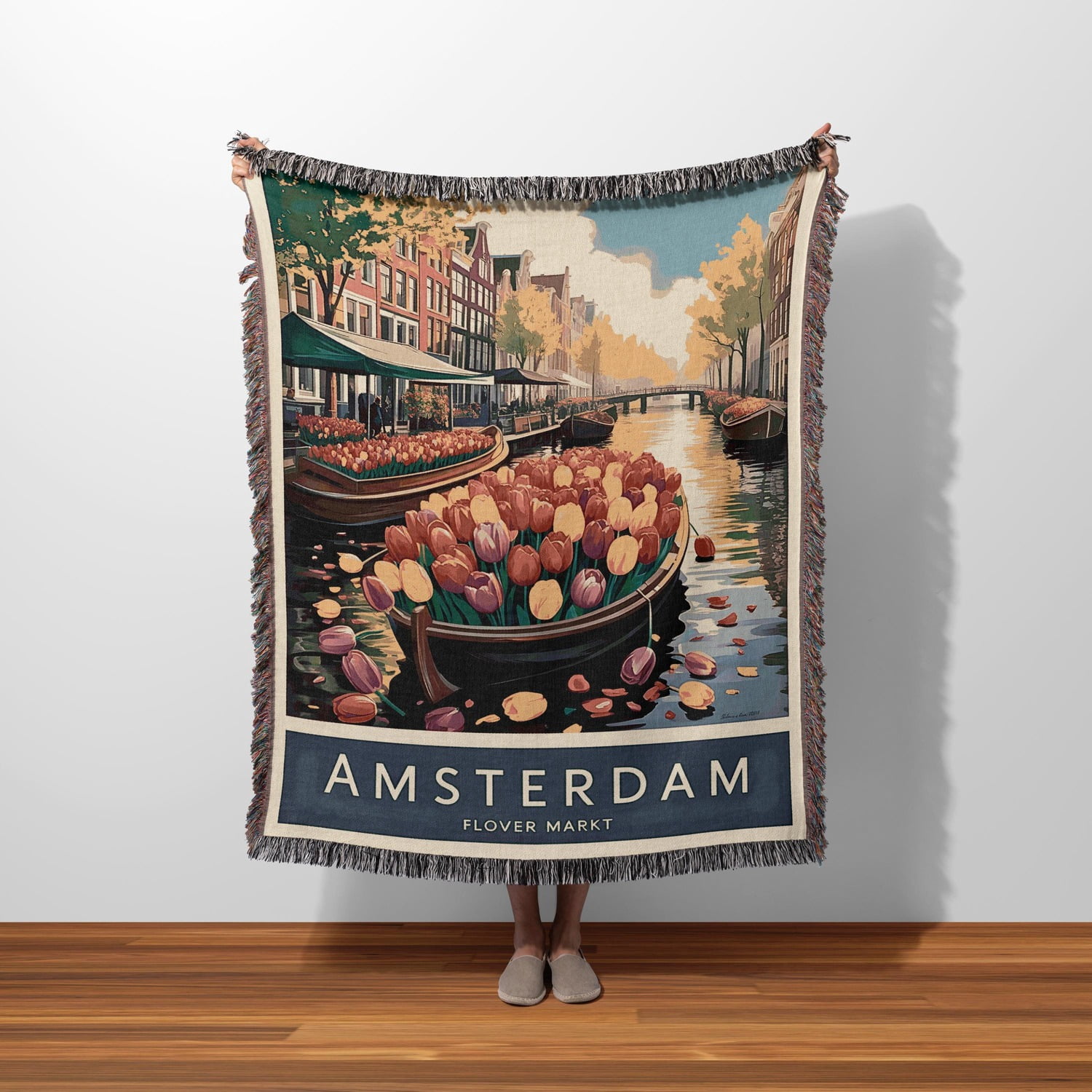 Travel Rug Amsterdam Tulip Boats and Canal Market Teal Woven Blanket, 100% Cotton ...