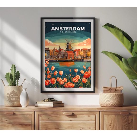 Amsterdam Windmill Canal Houses Wall Art Print, Unframed Paper Poster 8x10in