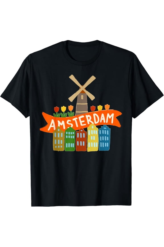 Amsterdam Windmill Tulips Houses Holland Netherlands T-Shirt men and women can wear, black, white, gifts