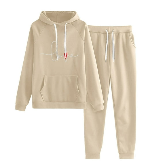 Amtdh 2 Piece Sweatsuits for Womens Clearance Solid Color Pocket Drawstring Pullover Sweatpant Set Lounge Tracksuit Casual Plus Size Lightweight Loose Ladies Outfits Fall Winter 2023 Beige_b S