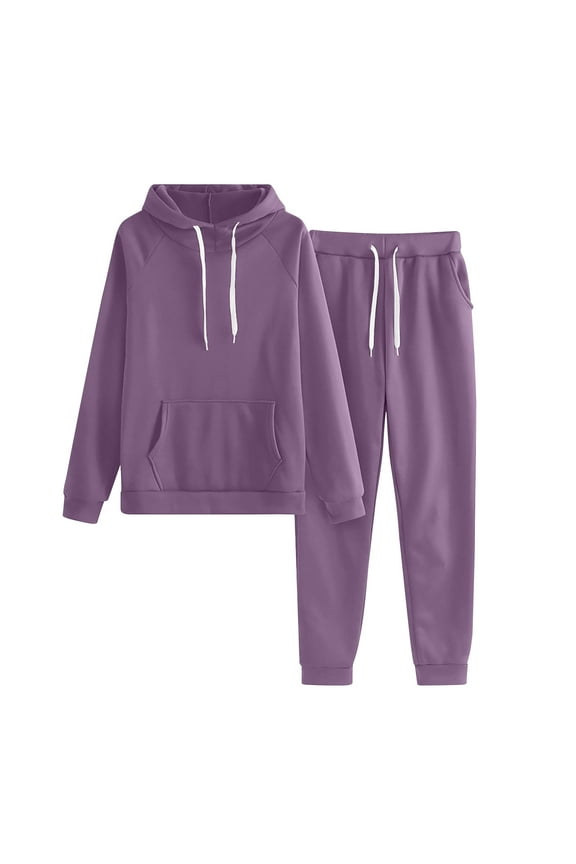 2 Piece Sweatsuits for Womens Solid Color Pocket Drawstring Pullover Sweatpant Set Lounge Tracksuit Casual Plus Size Lightweight Loose Ladies Outfits Fall Winter Purple XXL