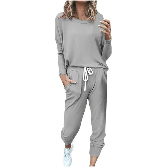 Amtdh 2 Piece Sweatsuits for Womens Clearance Solid Color V Neck Pullover Tops and Drawstring Sweatpants Set Women's Pocket Sports Set Casual Plus Size Ladies Trendy Outfits New Fashion Gray XXL