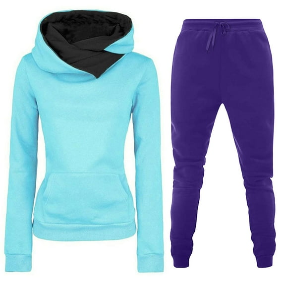 Amtdh 2 Piece Sweatsuits for Women Pure Color Fall Winter Outfits Sports Tracksuits Long Sleeve Pullover Hoodies Pants Suit Casual Plus Size Loose Ladies Trendy Outfits PurpleXXL