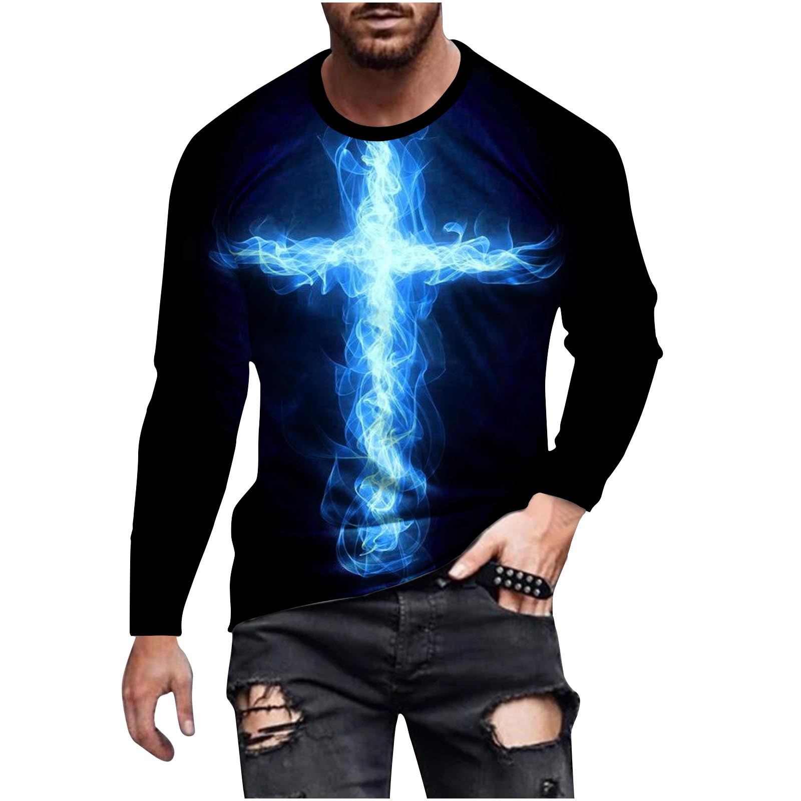 Amtdh Active Vacation TShirt for Men Clearance 3D Flame Cross Print Long Sleeve Crewneck Men's