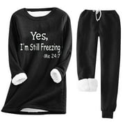 Amtdh Fleece Sweatsuit for Womens YES I'm Still Freezing Warm Fuzzy Sweatshirt and Drawstring Sweatpants Set Women's 2 Piece Thickened Plush Tracksuit Casual Ladies Trendy Outfits Black XXL