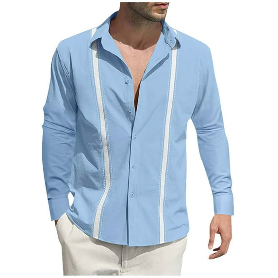 Amtdh Linen Shirts for Men Long Sleeve Cuban Guayabera Shirt Lapel Collar Men's Beach Button Down Shirts Casual Lightweight Blouses Mens Breathable Tops Sky Blue XXXL