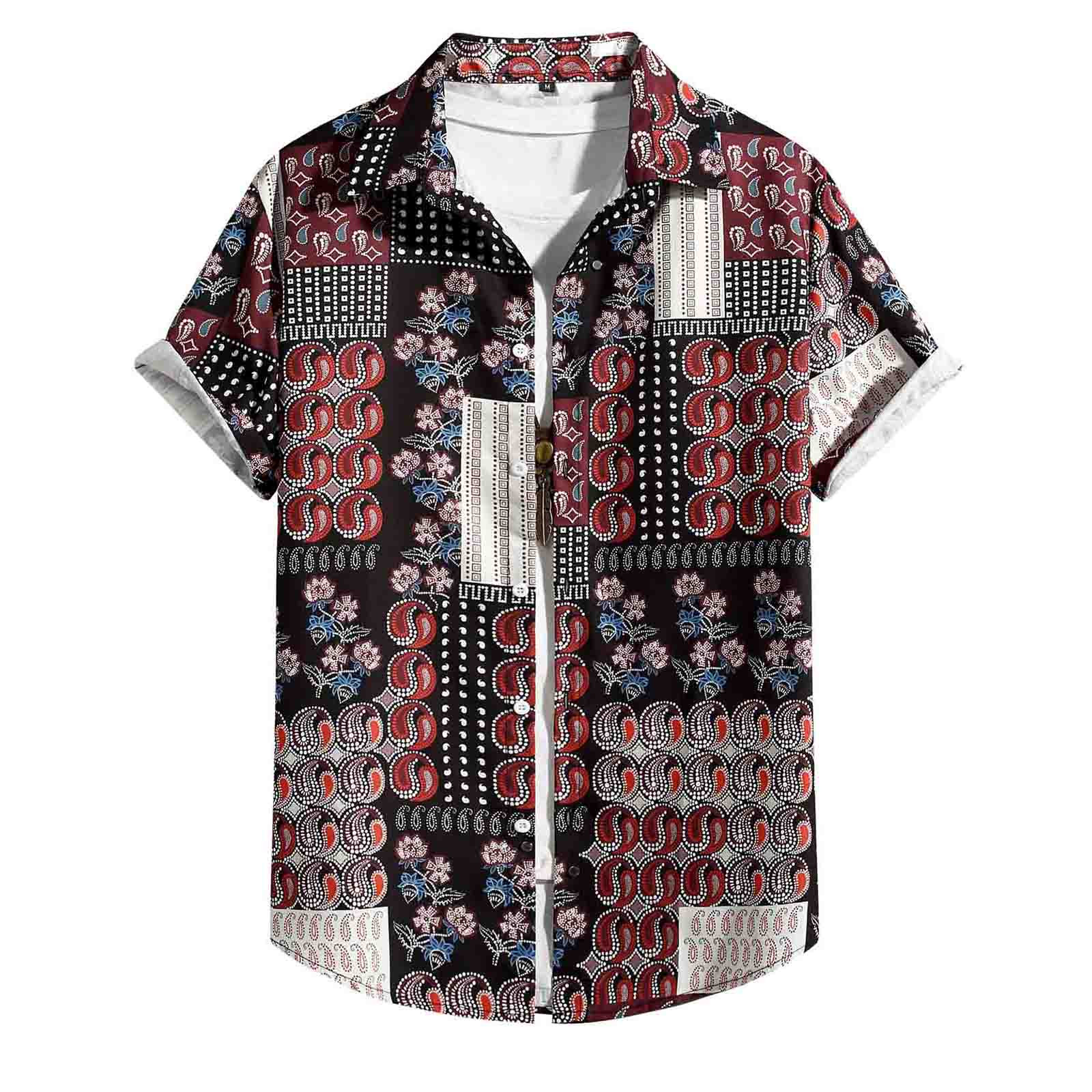 Amtdh Men's Beach Camp Shirt Clearance Ethnic Print Short Sleeve Cuban