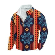 Amtdh Men's Button Up Henley Shirts Clearance Vintage Aztec Ethnic Print Y2K Western Cowboy Sweatshirt for Men Casual Long Sleeve Stand Collar Lightweight Blouses Mens Breathable Tops Orange M