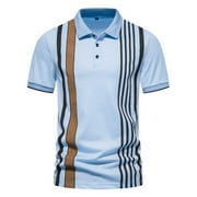 Amtdh Men's Polo Shirts Clearance Striped Short Sleeve Lapel Button Golf Sport Pullover T-Shirts for Men Casual Soft Fitting Lightweight Blouses Mens Tops Spring Summer Blue L