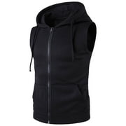 Amtdh Men's Zip Up Vest Clearance Solid Color Sleeveless Hooded Thermal Pocket Drawstring Jackets for Men Casual Soft Fitting Lightweight Blouses Spring Summer Mens Cool Tops Black M