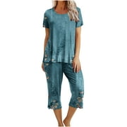 Amtdh Pajamas for Womens Clearance Flower Print Round Neck Short Sleeve Sleepshirt and Pants Sets Women's 2 Piece Loungewear with Pockets Casual Plus Size Ladies Trendy Outfits New Fashion Blue XXXL