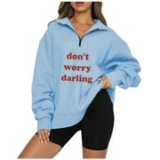 Amtdh Shirts Clearance Womens Sweatshirts Oversized Half Zip Pullover Long Sleeve Shirts for Women Quarter Zip Hoodie Sweater Letter Teen Girls Fall Y2K Clothes Blue S