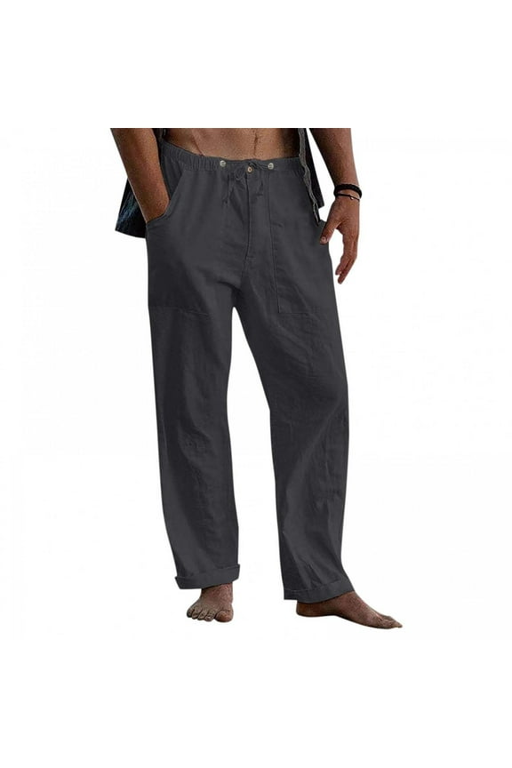 Slack Trousers for Men Solid Color Casual Comfy Trousers Mens Chino Pants Relaxed Fit Drawstring Elastic Waist Breathable Men's Cotton Linen Wide Leg Pants Dark Gray M