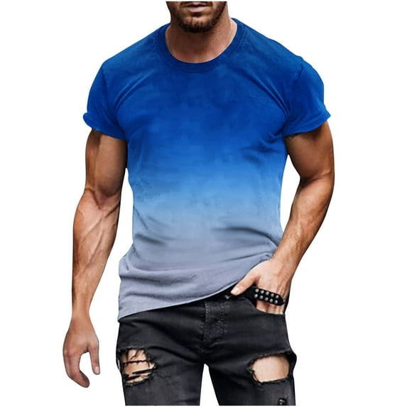 Amtdh T Shirt for Men Gradient Color Casual Summer Blouses Mens Breathable Tops Short Sleeve Crewneck Lightweight Men's All-Match Comfy New Tops Blue XL