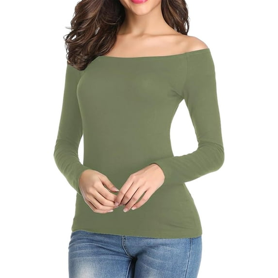 Amtdh T-shirts For Womens Clearance Solid Color Long SLeeve Off Shoulder Neck Trendy Slim Knitting Waist Up Shirts Plus Size Loose fit Lightweight Casual Pullover Sexy Cute Clothes Army Green_a M