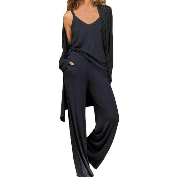 Amtdh Three Piece Sets for Women Lightweight Spring and Summer V-neck Tank Top Long Sleeve Cardigan and Wide Leg Pants Sets Casual Plus Size Loose Ladies Trendy Outfits BlackXXL