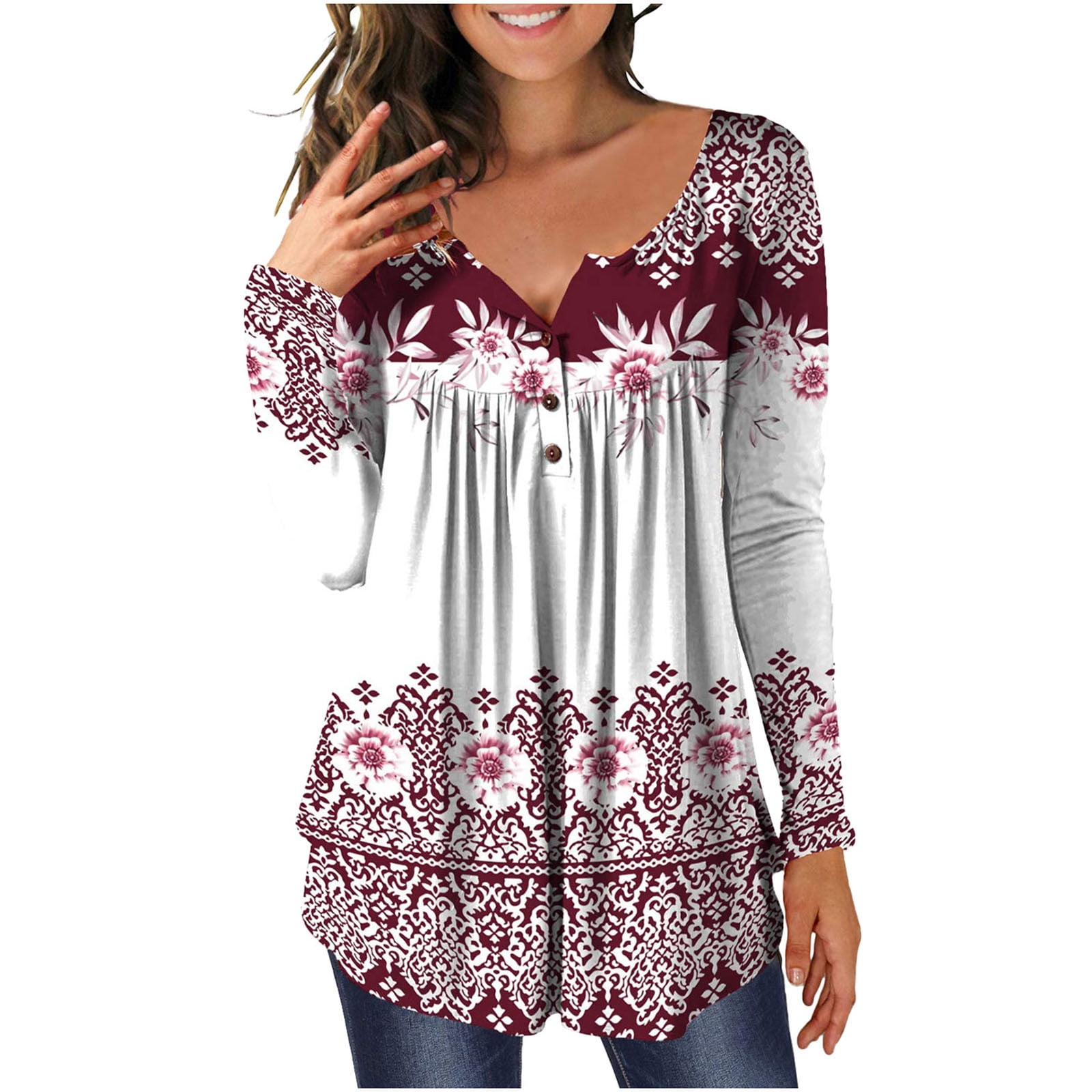 Amtdh Womens Tops,Dressy Y2K Clothing Pleated Tunic Tops for Women Long  Shirts for Women Oversized Blouse for Leggings Floral Graphic Clothes Hot  Pink L 