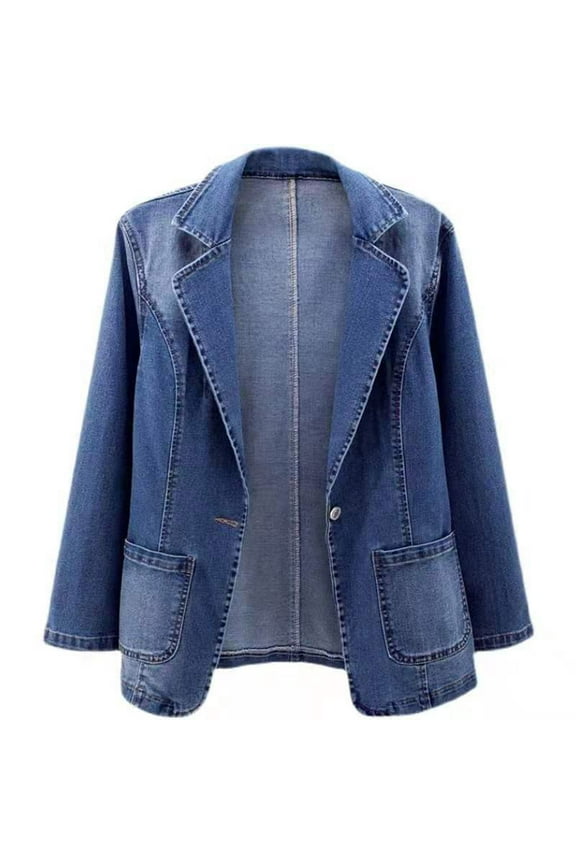 Trendy Blazers for Women Solid Color Long Sleeve Lapel Collar Pocket Denim Jacket Plus Size Loose Lightweight Casual Outerwear Teen Girls Cute Clothes Fall Winter Blue S