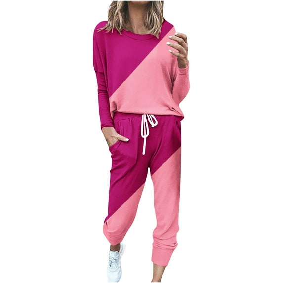 Amtdh Trendy Sweatsuits for Womens Solid Color Long Sleeve Pullover Jogger Sweatpant Set 2 Piece Tracksuit Casual Plus Size Lightweight Loose Ladies Outfits Winter Pink_Shirts XXL