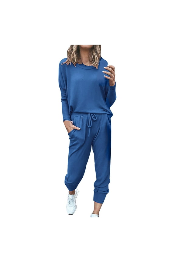 Trendy Sweatsuits for Womens Solid Color Long Sleeve Pullover Sweatpant Set 2 Piece Tracksuit Casual Plus Size Lightweight Loose Ladies Outfits Fall Winter Blue_a S