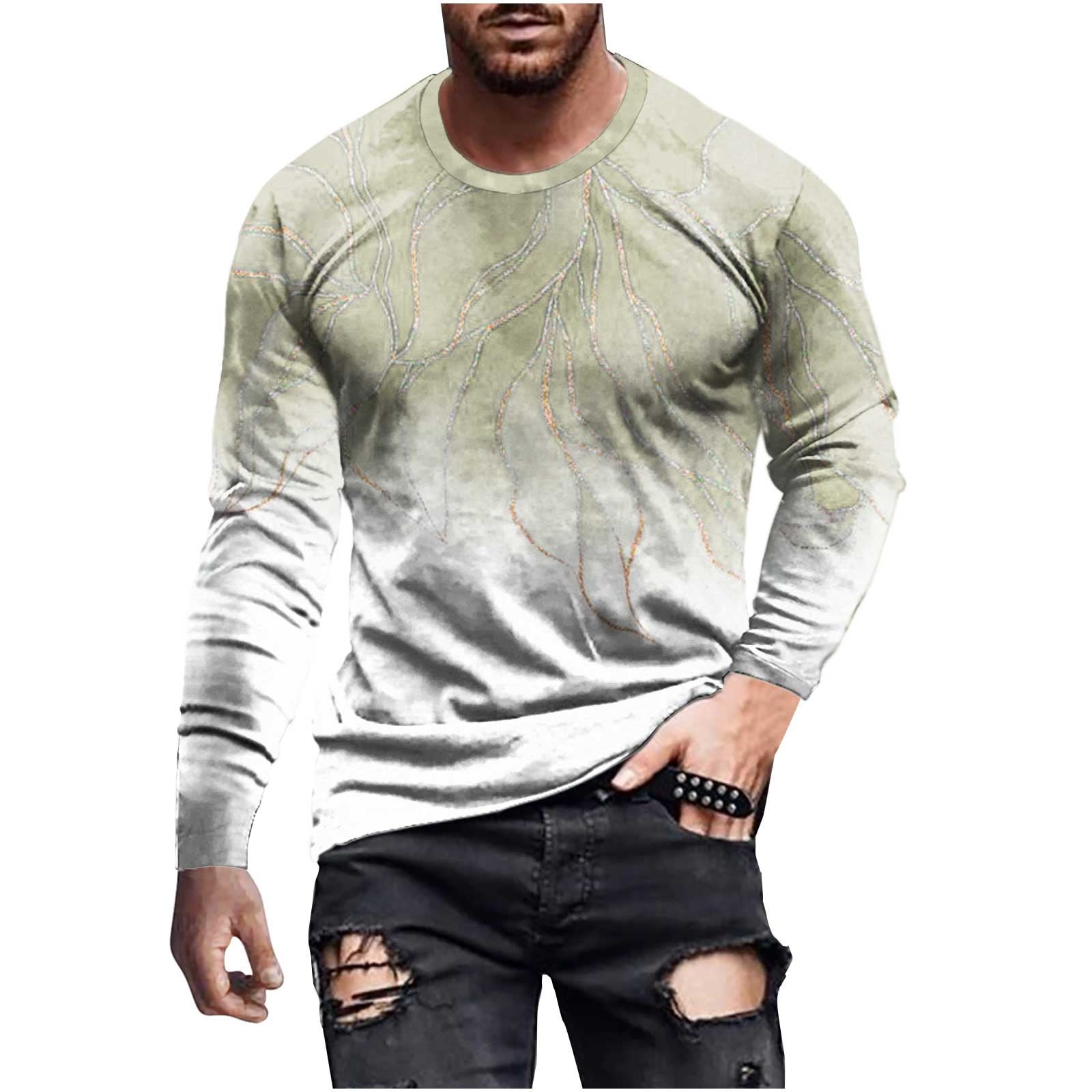 Amtdh Trendy T-shirts for Men Clearance Long Sleeve Gradient Print O-Neck Casual Men's Gym Training Fitness T-shirts Soft Fitting Lightweight Blouses