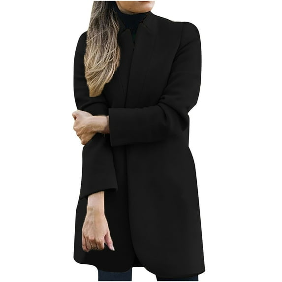 Amtdh Trendy Trench Coat for Women Solid Color Long Sleeve Stand-Up Collar Warm Long Wool Overcoat Plus Size Loose Casual Outerwear Teen Girls Cute Clothes Fall Winter Black XXXL